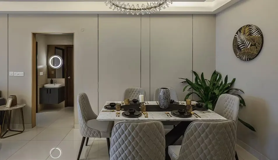 Show-flat style render of a dining area interior, indicative finishes