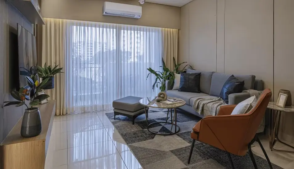Show-flat style render of a living room interior, indicative finishes