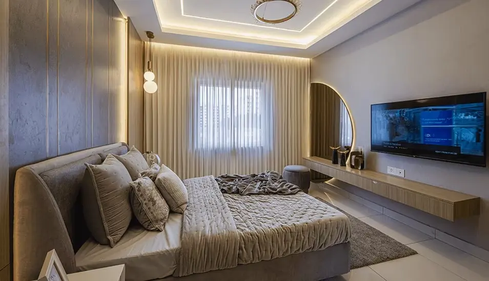 Show-flat style render of a master bedroom interior, indicative finishes