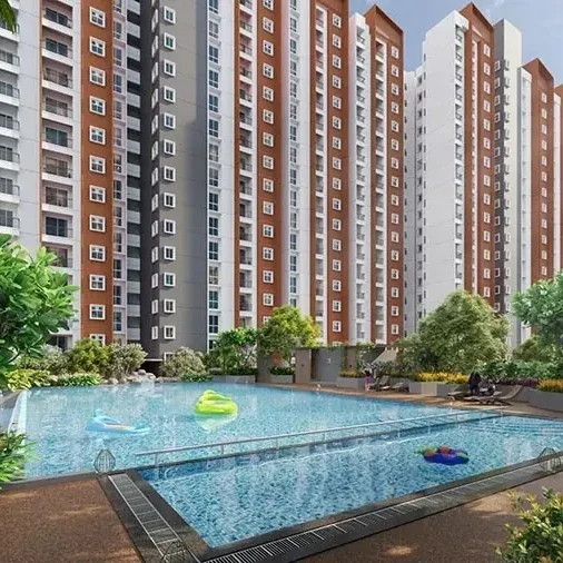 Purva Budigere Road Gallery Image Pool with towers behind, pre-launch concept render
