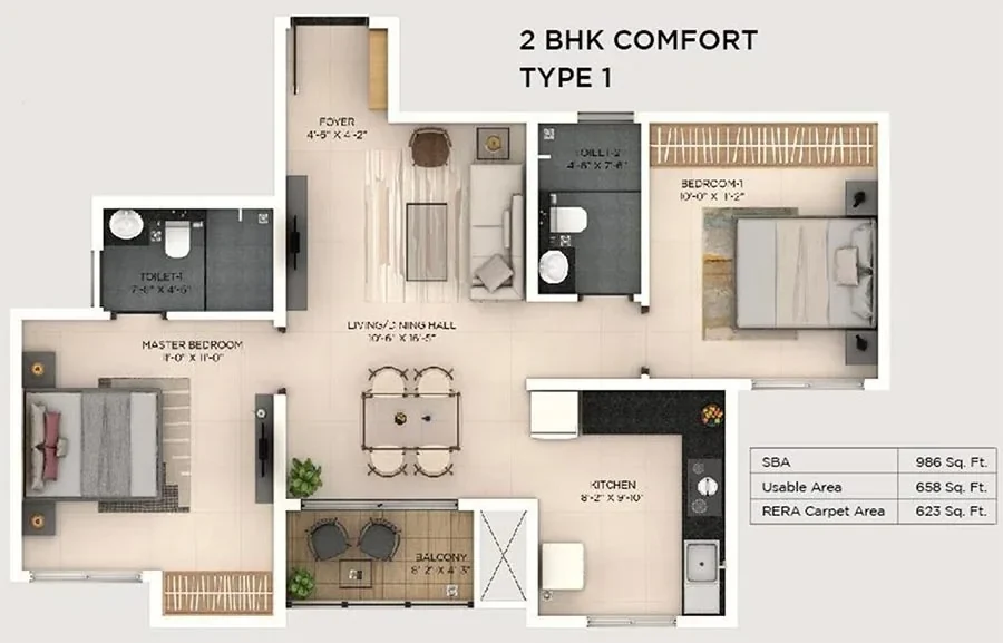 2 BHK Comfort Type 1 unit plan, 986 sq.ft super built-up and 623 sq.ft RERA carpet, with room dimensions