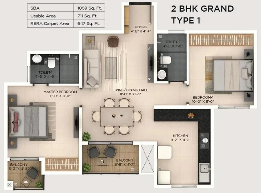 2 BHK Grand Type 1 unit plan, 1,059 sq.ft super built-up and 647 sq.ft RERA carpet, with room dimensions