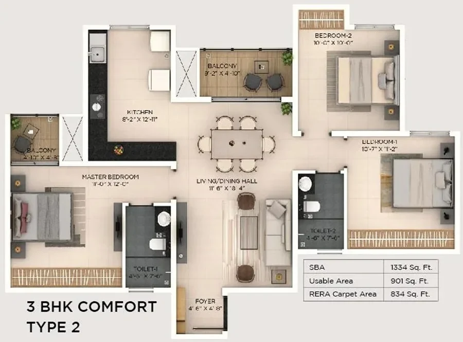 3 BHK Comfort Type 2 unit plan, 1,334 sq.ft super built-up and 834 sq.ft RERA carpet, with room dimensions