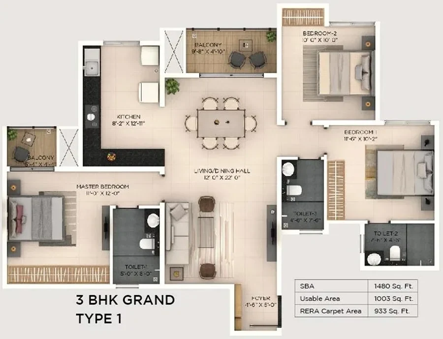3 BHK Grand Type 1 unit plan, 1,480 sq.ft super built-up and 933 sq.ft RERA carpet, with room dimensions